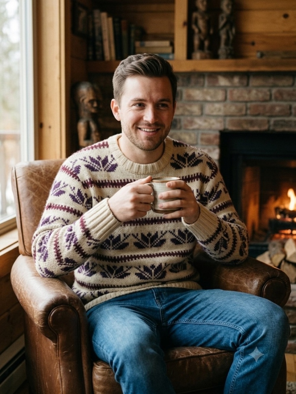 Topman Men’s Wool Blend Fair Isle Knit Sweater Cream Plum Size L
